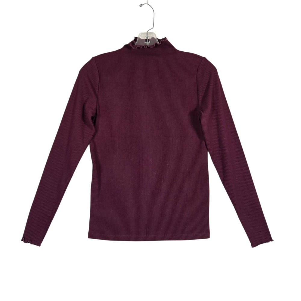 LOFT Ribbed Knit Top Womens Small Purple Lettuce Edge Mock Neck Long Sleeve